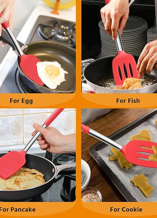 Silicone Spatula Set of 2, E-far Solid & Slotted Turner for Nonstick Cookware, Heat Resistant Rubber Kitchen Cooking Utensils for Flipping Fish Pancake Egg - Red