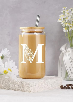 Coolife Initial Glass Cup, Monogrammed Gifts for Women, 16 oz Glass Cups w/Lids Straws, Iced Coffee Smoothie Beer Tumbler w/Straw Lid - Personalized Christmas, Birthday Gifts for Her Mom Friend Woman
