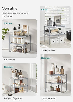 SONGMICS Spice Racks, Set of 2 Metal Cabinet Shelf Organizers, Countertop Organizers, Shelf Risers, Stackable, Expandable, Silver UKCS01SV