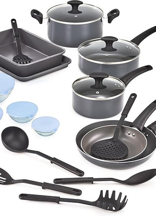 bella Cookware Set with Glass Lids with Nonstick, PFOA Free and Scratch Resistant Surface, Aluminum Bakeware, Pots and Pans, Storage Bowls & Utensils, Compatible with All Stovetops, 21 Piece, Gray