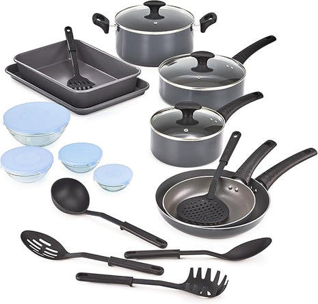 bella Cookware Set with Glass Lids with Nonstick, PFOA Free and Scratch Resistant Surface, Aluminum Bakeware, Pots and Pans, Storage Bowls & Utensils, Compatible with All Stovetops, 21 Piece, Gray
