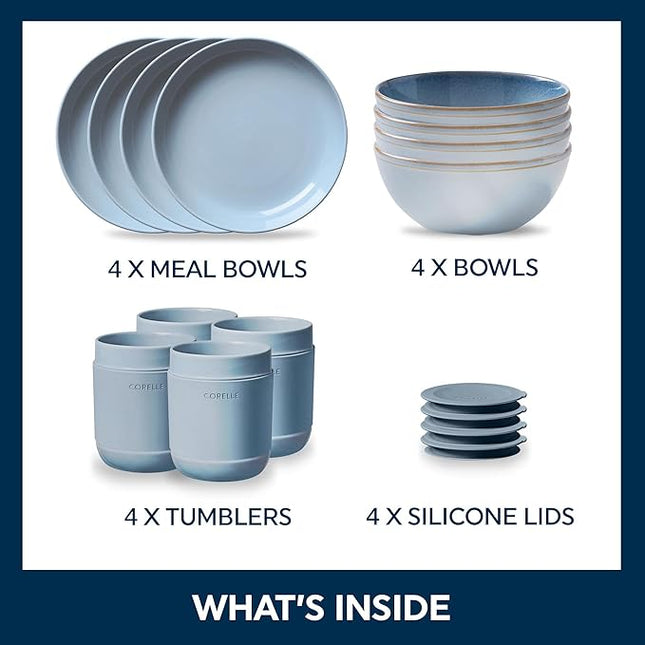 Corelle Stoneware Dinnerware Set, Handmade Reactive & Solid Glazed Ceramic Plates and Bowls, Modern Rustic Style Round Dishes, Service for 4, Nordic Blue 16 PIECE SET