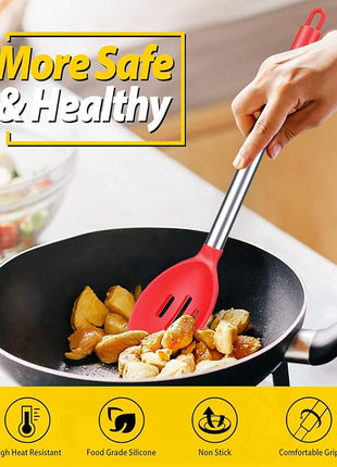 Pack of 2 Large Silicone Cooking Spoons,Non Stick Solid Basting Spoon,Heat-Resistant Kitchen Utensils for Mixing,Serving,Draining,Stirring (RED)