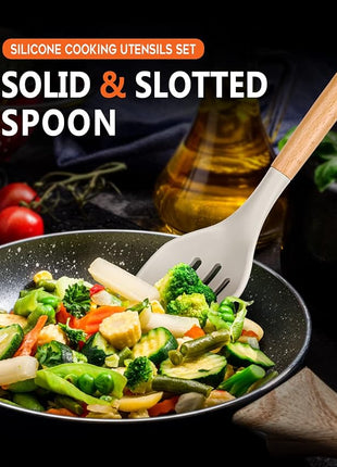 Large Silicone Cooking Spoons, 2 Pack Nonstick Solid and Slotted Wooden handle Spoon Set, Heat Resistan Silicone Kitchen Spoons for Cooking, Serving, Basting, Mixing (Khaki)