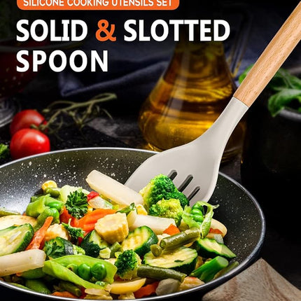 Large Silicone Cooking Spoons, 2 Pack Nonstick Solid and Slotted Wooden handle Spoon Set, Heat Resistan Silicone Kitchen Spoons for Cooking, Serving, Basting, Mixing (Khaki)