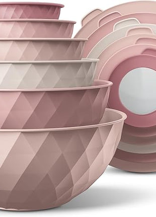 COOK WITH COLOR Mixing Bowls with Lids - 12 Piece Plastic Nesting Bowls Set includes 6 Prep Bowls and 6 Lids, Diamond Design - Microwave Safe, Pink