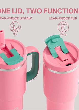 32 oz Tumbler with Handle and Straw: Stainless Steel Insulated Tumbler Keeps Cold for 24 Hours, Leakproof Travel Cup Fits in Cup Holder and BPA-Free,Tulip