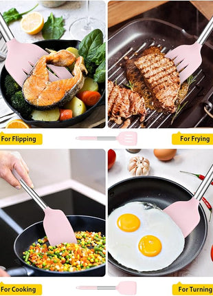 Pack of 2 Silicone Solid Turner, Non Stick Slotted Kitchen Spatulas, High Heat Resistant BPA Free Cooking Utensils, Ideal Cookware for Fish, Eggs, Pancakes(Pink)