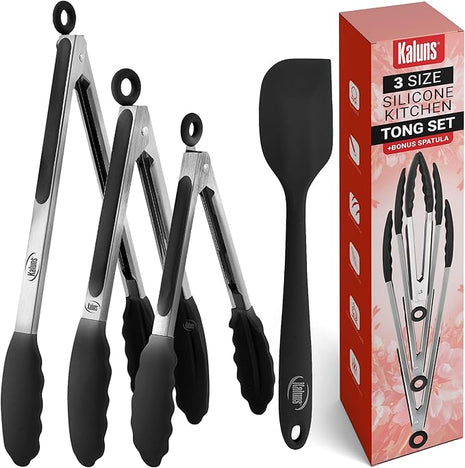 Kaluns Kitchen Tongs for Cooking Grilling Set of 4, BBQ Grill Tongs With Silicone Tip Stainless Steel Heat Resistant, Non-stick Pull Lock, Incl 7, 9, 12 Inch Tong Plus a Silicone Spatula
