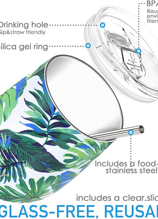 THILY Vacuum Insulated Stemless Wine Tumbler 12 oz Stainless Steel Wine Glass with Lid and Straw, Keep Cold or Hot for Coffee, Cocktails, Christmas Birthday Gift, 2 Pack(Green Plants + Pink Lilies)