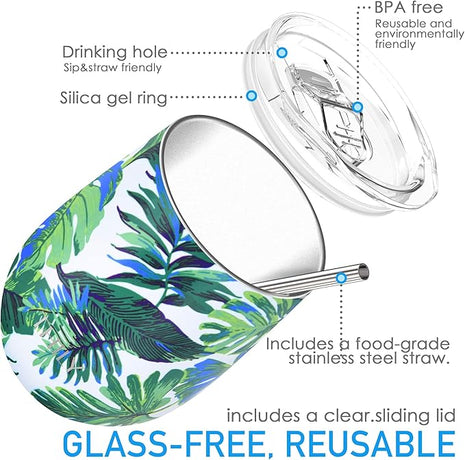 THILY Vacuum Insulated Stemless Wine Tumbler 12 oz Stainless Steel Wine Glass with Lid and Straw, Keep Cold or Hot for Coffee, Cocktails, Christmas Birthday Gift, 2 Pack(Green Plants + Pink Lilies)