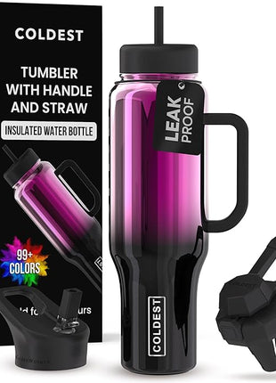 Coldest Tumbler with Handle and Straw - 100% Spill Proof Tumbler with Straw (3 Lids) - Stainless Steel Insulated Leakproof Tumblers for Women & Men - Cup Holder Friendly - 46 oz (Violet Nova)