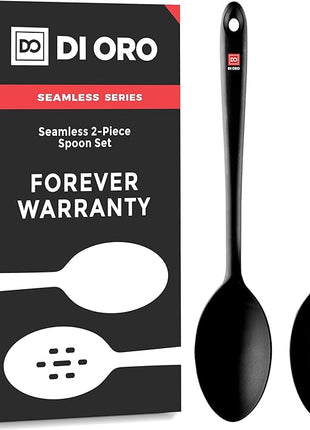 DI ORO Silicone Spoons for Cooking - Large Kitchen Spoons for Mixing, Serving, & Stirring - 600°F Heat-Resistant Non Stick Utensils – Big Solid & Slotted - Dishwasher Safe (2pc, Black)