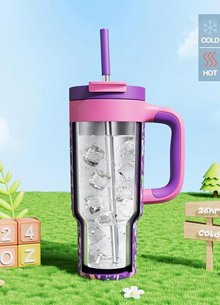 24 oz Insulated Tumbler for Kids: Spill-Proof, 2-in-1 Straw Lid, Cold for 26 Hrs, Stainless Steel Cup with Handle for School, Camping, Gift, Daily, Outdoor, Trip, Travel, Vacation (Butterfly Field)