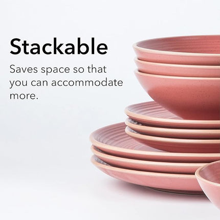 RINGAR Round Stoneware 16pc Dinnerware Set of 4, Dinner Plates, Side Plates, Cereal Bowls, Mugs - Speckle Matte Red (395476)