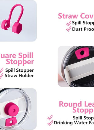 Silicone Spill Stopper Set Compatible with Stanley Cup 2.0 30oz & 40oz with Straw Cover (Set of 2, Passion Pink)