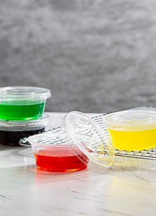 Portion Cups with Lids (3.25 Ounces, 100 Pack) | Disposable Plastic Cups for Meal Prep, Portion Control, Salad Dressing, & Medicine | Small Plastic Condiment Container