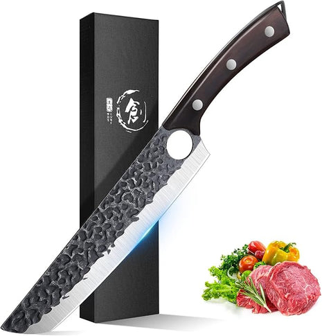 Purple Dragon Butcher Knife Meat Cleaver 7.5 Inch Hand forged Chef Knife Japan High Carbon Steel Knife for Meat Vegetable Full Tang Long Handle Sharp Carving Knife