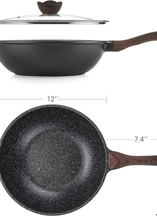 Kordisen Nonstick Wok with Lid, 12 Inch Woks & Stir-fry Pans, Granite Stone Coating for Cooking, Induction Cookware, Compatible with All Stovetops, PFOA Free