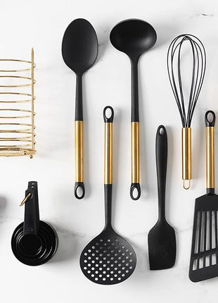 Black and Gold Kitchen Utensils Set with Stainless Steel Holder – 18-Piece Nylon Cooking Utensils with Measuring Cups and Spoons – Stylish Gold Kitchen Accessories for Baking and Cooking
