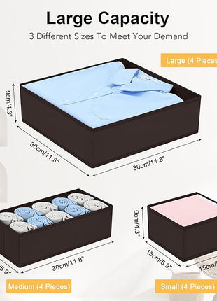 DIMJ Drawer Organizer Clothes, 12 Pack Underwear Organizer, Foldable Closet Organizers, Sock Organizer Bra Organizer, Fabric Dresser Organizer for Clothes, Bra, Socks, Tie (Brown)