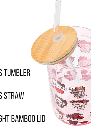 Silver Buffalo Sanrio Hello Kitty and Friends Halloween Spooky Costumes Ghost Witch Vampire Zombie Frankenstein Skeleton Pink Glass Jar Tumbler with Bamboo Lid and Glass Straw, 16 Ounces (Pack of 12)