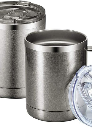 MEWAY 12oz Coffee Mug With Handle 2 Pack Bulk,Stainless Steel Insulated Travel Tumblers With Sliding Lid,Double Wall Vacuum Camping Cup for Hot & Cold Drinks Tea (Cold Grey,Set of 2)