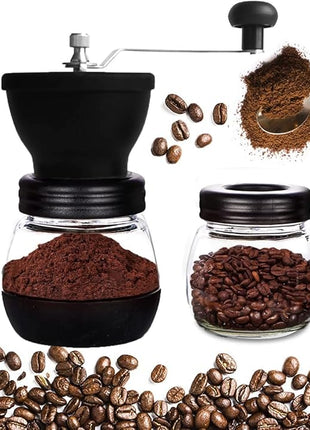 Mixpresso Manual Coffee Grinder, Spice Grinder Manual, Glass Jars, Ceramic Burr, Adjustable Grind, Easy to Clean, Portable Compact Design, 3 Piece Set, Stainless Steel