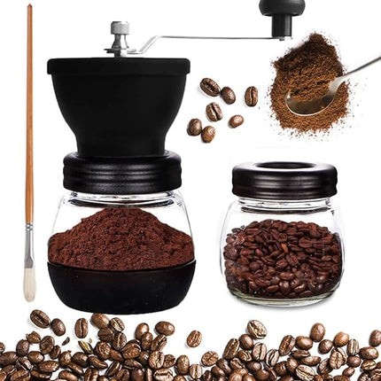 Mixpresso Manual Coffee Grinder, Spice Grinder Manual, Glass Jars, Ceramic Burr, Adjustable Grind, Easy to Clean, Portable Compact Design, 3 Piece Set, Stainless Steel