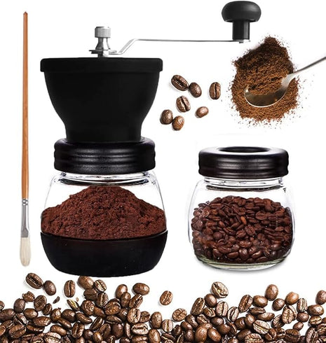 Mixpresso Manual Coffee Grinder, Spice Grinder Manual, Glass Jars, Ceramic Burr, Adjustable Grind, Easy to Clean, Portable Compact Design, 3 Piece Set, Stainless Steel
