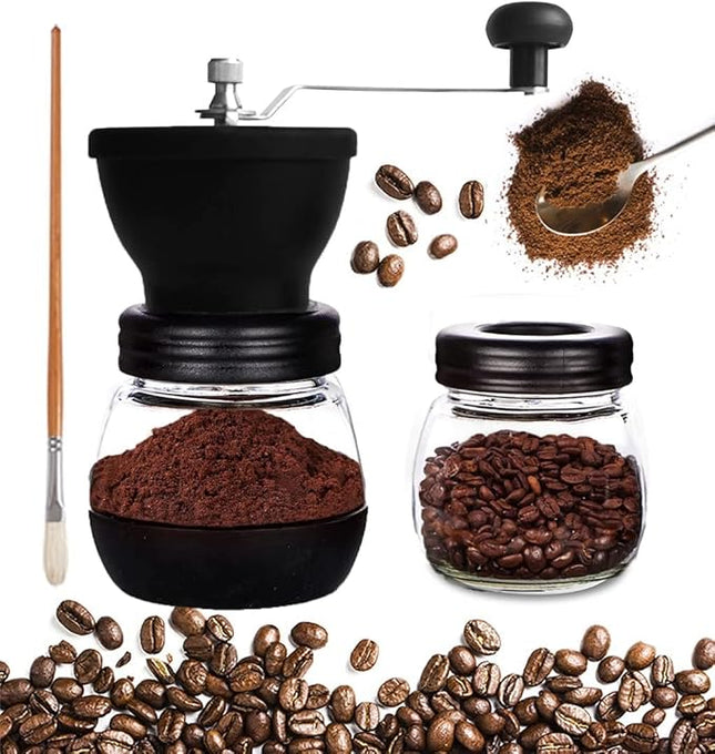 Mixpresso Manual Coffee Grinder, Spice Grinder Manual, Glass Jars, Ceramic Burr, Adjustable Grind, Easy to Clean, Portable Compact Design, 3 Piece Set, Stainless Steel