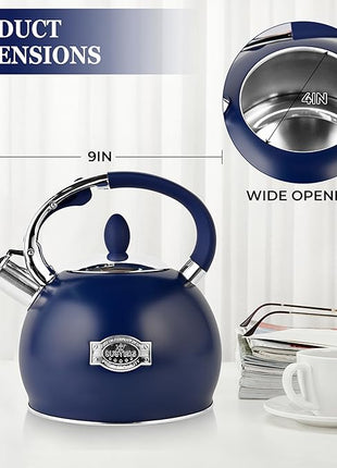 SUSTEAS Stove Top Whistling Tea Kettle - Food Grade Stainless Steel Teakettle Teapot with Cool Touch Ergonomic Handle, With 1 Silicone Pinch Mitt Included, 2.64 Quart,NAVY BLUE
