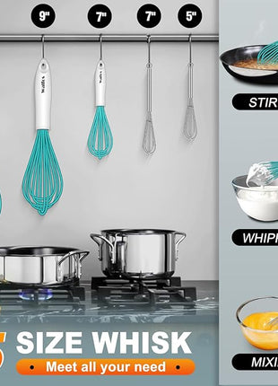 Walfos Whisk,Silicone Whis, Non Scratch Coated Wisking tool silicone set of 5,BPA Free and Heat Resistant 480°F.Premium for Whisking, Blending, Frothing, Beating.(Blue)