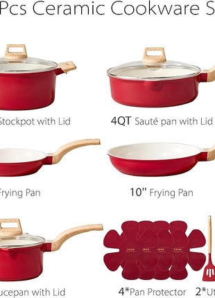 CAROTE 14 Pcs Ceramic Cookware Set, Pots and Pans Set Non Stick with Ceramic Coating, Induction Kitchen Sets, Red