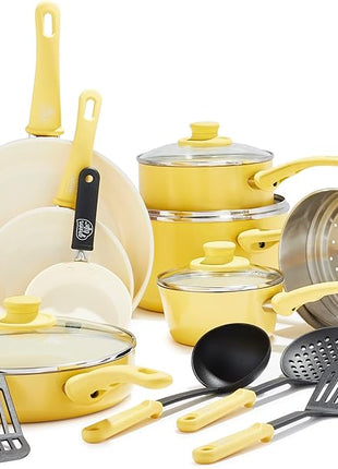 GreenLife 16 Piece Nonstick Cookware Set, Soft Grip Non-Toxic PFAS-Free Ceramic Pots & Pans, Dishwasher & Oven Safe, Frying, Sauce, Saute, Utensils, Glass Lids, Stay-Cool Handles, Wobble Free, Yellow