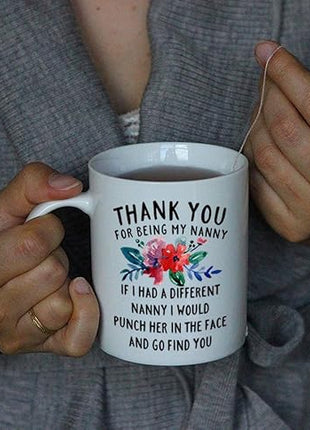 DQG CVT Best Nanny Gift - Thank You for Being My Nanny Funny Coffee Mug - Floral Flowers Design - Gifts For Nanny - Cool Unique Birthday Christmas Gift Ideas for Her - Fun Novelty Tea Cup 11oz White