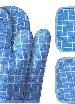 Oven Mitts and Potholders BBQ Gloves-Oven Mitts and Pot Holders with Recycled Infill Silicone Non-Slip Cooking Gloves for Cooking Baking Grilling (4-Piece Set,Blue)