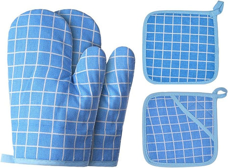 Oven Mitts and Potholders BBQ Gloves-Oven Mitts and Pot Holders with Recycled Infill Silicone Non-Slip Cooking Gloves for Cooking Baking Grilling (4-Piece Set,Blue)