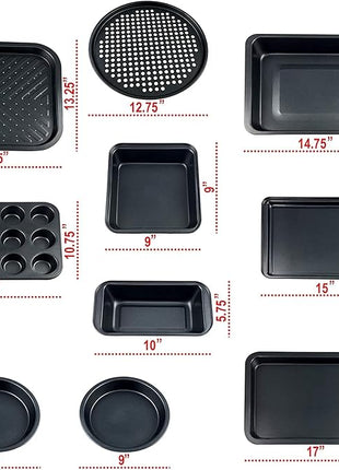 Perlli Baking Pan 10 Piece Set Nonstick Carbon Steel Gray Oven Bakeware Kitchen Set, 2 Cookie Sheets, 2 Round Cake Pans, Square Pan, Roasting Pan, Loaf Pan, Crisp Pan, Pizza Crisper, & Muffin Pan