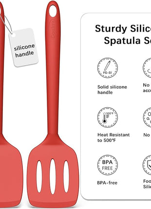 Coukre 2 Pack Silicone Spatula Set, High Heat Resistant, BPA Free Kitchen Spatula, Solid & Slotted Turner for Non-Stick Pans, Sautéing, and Flipping (2, PureRed)
