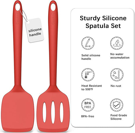 Coukre 2 Pack Silicone Spatula Set, High Heat Resistant, BPA Free Kitchen Spatula, Solid & Slotted Turner for Non-Stick Pans, Sautéing, and Flipping (2, PureRed)
