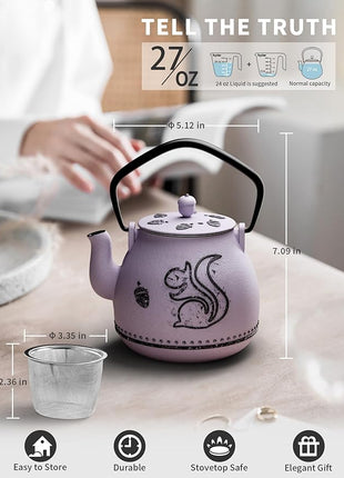 Toptier Teapot with Removable Infuser, Cast Iron Tea Kettle Stovetop Safe, Squirrel Design Tea Pot Coated with Enameled Interior for 32 Ounce (950 ml), Purple