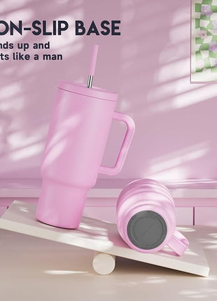 Meoky 40 oz Tumbler with Handle and Straw: Stainless Steel Insulated Tumbler with Lid and Straw - 100% Leak Proof Tumbler for Car Cup Holders - Travelers Commuters Workers, Pink