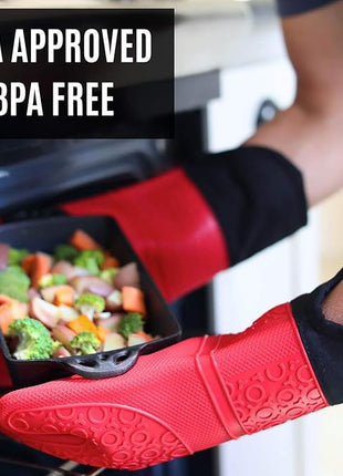 Homwe Silicone Oven Mitts and Potholders (4-Piece Sets) Heavy Duty Cooking Gloves, Kitchen Counter Safe Trivet Mats | Advanced Heat Resistant, Non-Slip Textured Grip Pot Holders(Red)