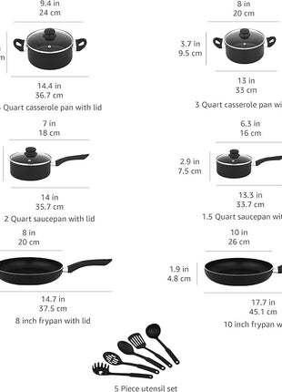 Amazon Basics Non Stick Kitchen Cookware 15-Piece Set, Non-Induction, Includes Pots, Pans, and Utensils, Black