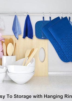 KEGOUU Oven Mitts and Pot Holders 6pcs Set, Kitchen Oven Glove High Heat Resistant 500 Degree Extra Long Oven Mitts and Potholder with Non-Slip Silicone Surface for Cooking (Royal Blue)