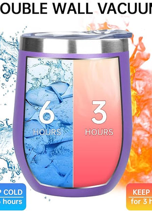 MEZMUT 12 Oz Insulated Wine Tumbler with Lid Double Wall Vacuum Stainless Steel Wine Glass Coffee Mug Insulated Tumbler Cup for Champaign, Cocktail, Beer (Purple, 4 Pack)