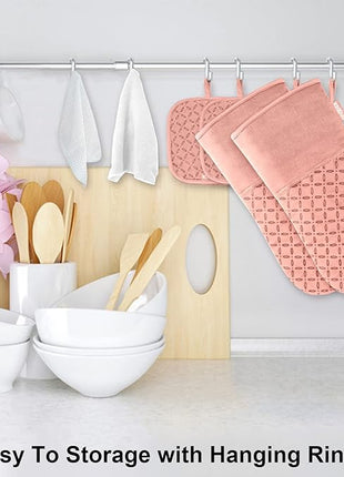 KEGOUU Oven Mitts and Pot Holders 6pcs Set, Kitchen Oven Glove High Heat Resistant 500 Degree Extra Long Oven Mitts and Potholder with Non-Slip Silicone Surface for Cooking (Pink)