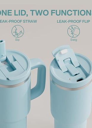 ENCOOL 40 oz Tumbler with Handle and Straw: Stainless Steel Insulated Tumbler Keeps Cold for 24 Hours, Leakproof Travel Cup Fits in Cup Holder and BPA-Free,Pewter Blue