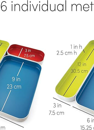 Three by Three Seattle 6 Piece Shallow Metal Organizer Tray Set for Storing Makeup, Stationery, Utensils, and More in Office Desk, Kitchen and Bathroom Drawers (1 Inch, Multicolor)